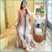 Linear Design Ladies Cotton Halfer - Green Pink -Free Size