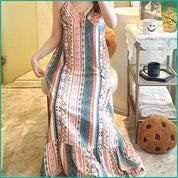 Linear Design Ladies Cotton Halfer - Green Pink -Free Size
