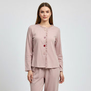 Plain 4 Buttons Ladies Pajama Set - Pink