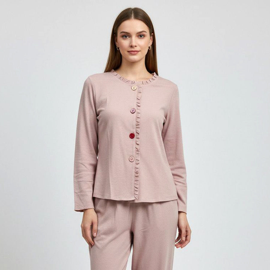 Plain 4 Buttons Ladies Pajama Set - Pink