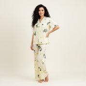 Dark Rose Ladies Linen Material Pajama Set - White