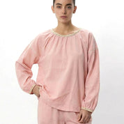 Round Neck Lace Ladies Pajama Set - Pink