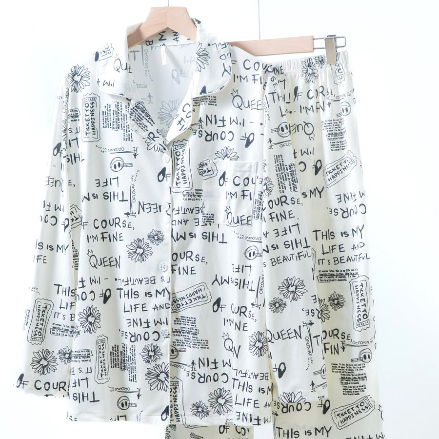 Text Ladies Loungewear Front Open Pajama Set - White