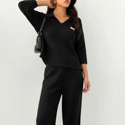 Line V-Neck Ladies Pajama Set - Black