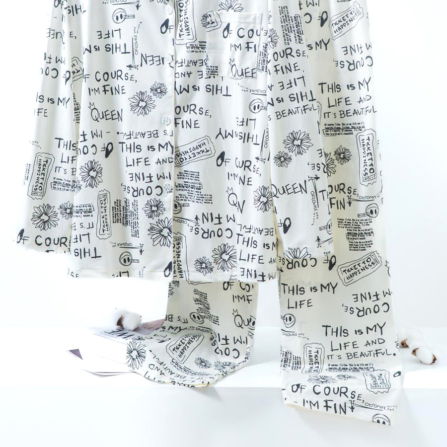 Text Ladies Loungewear Front Open Pajama Set - White