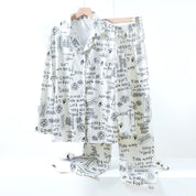 Text Ladies Loungewear Front Open Pajama Set - White
