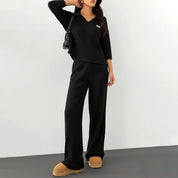 Line V-Neck Ladies Pajama Set - Black