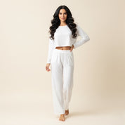 Ladies Loungewear with Crop Top with Wide-Leg Pant - White