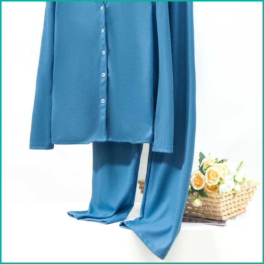 V-Neck Plain Full Sleeves Ladies Pajama Set - Blue