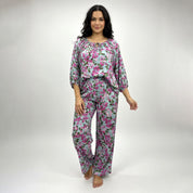 Floral Leaves Ladies Linen Pajama Loungewear - Sky Blue