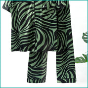 Zebra Print Ladies Front Open Pajama Set - Green
