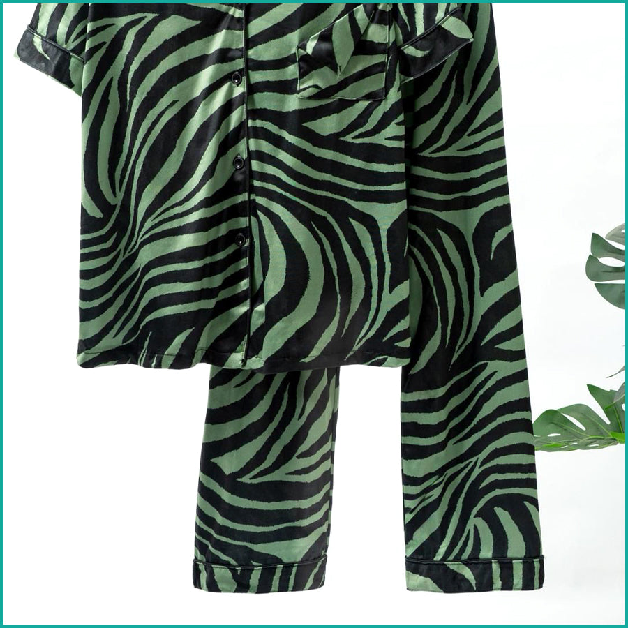 Zebra Print Ladies Front Open Pajama Set - Green