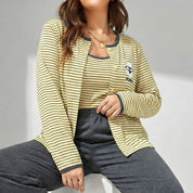 Puppy Strips Ladies 3 Pcs Pajama Set - Yellow Grey