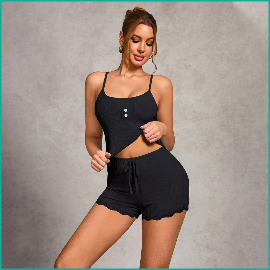 Plain 2 Buttons Ladies Shorts Set - Black