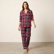 Checks Ladies Front Open Pajama Set - Red Blue