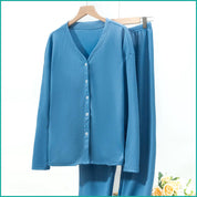 V-Neck Plain Full Sleeves Ladies Pajama Set - Blue