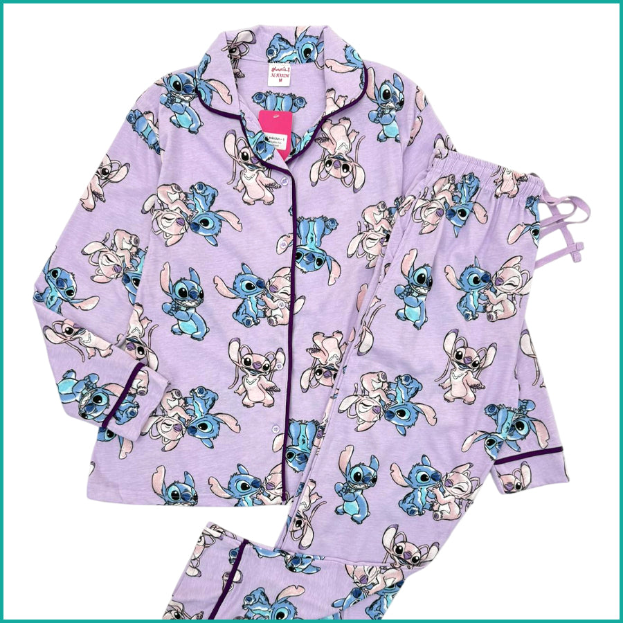 Lilo Stitch Ladies Cotton Front Open Pajama Set - Purple