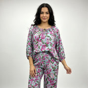 Floral Leaves Ladies Linen Pajama Loungewear - Sky Blue