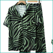 Zebra Print Ladies Front Open Pajama Set - Green