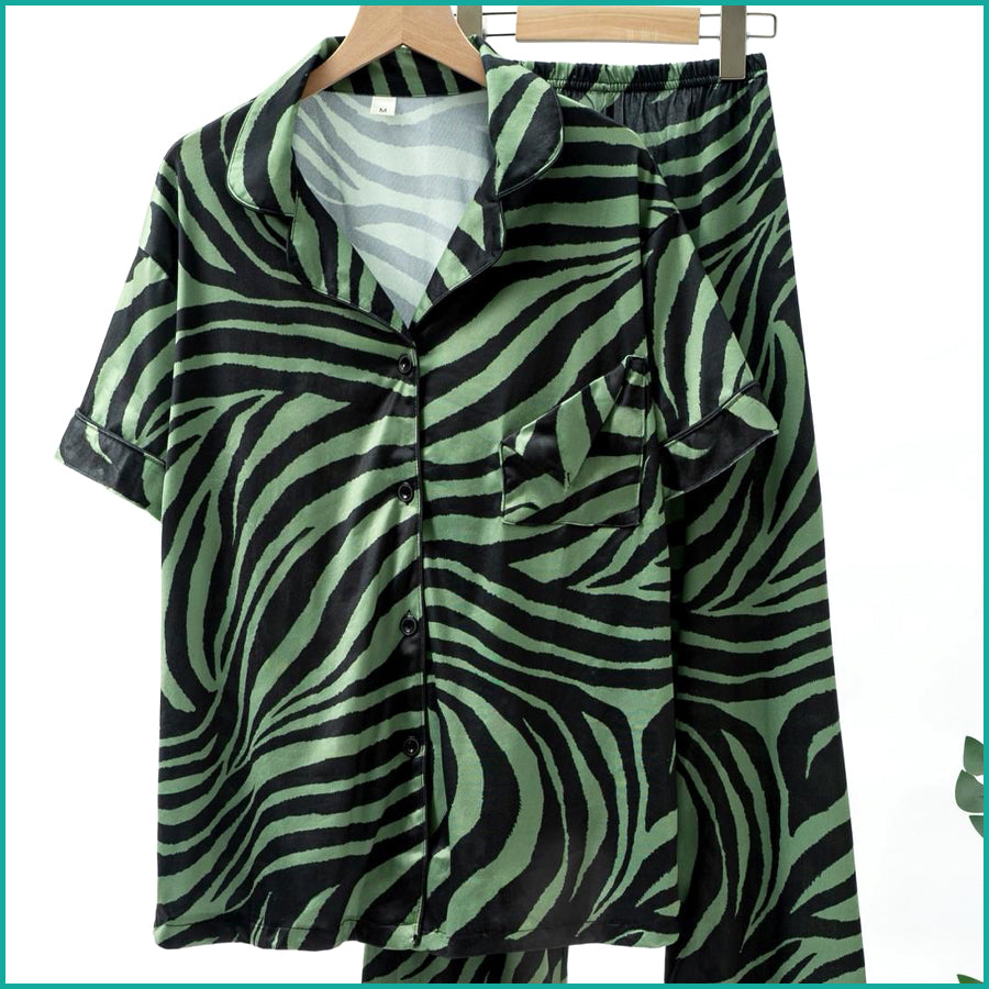 Zebra Print Ladies Front Open Pajama Set - Green
