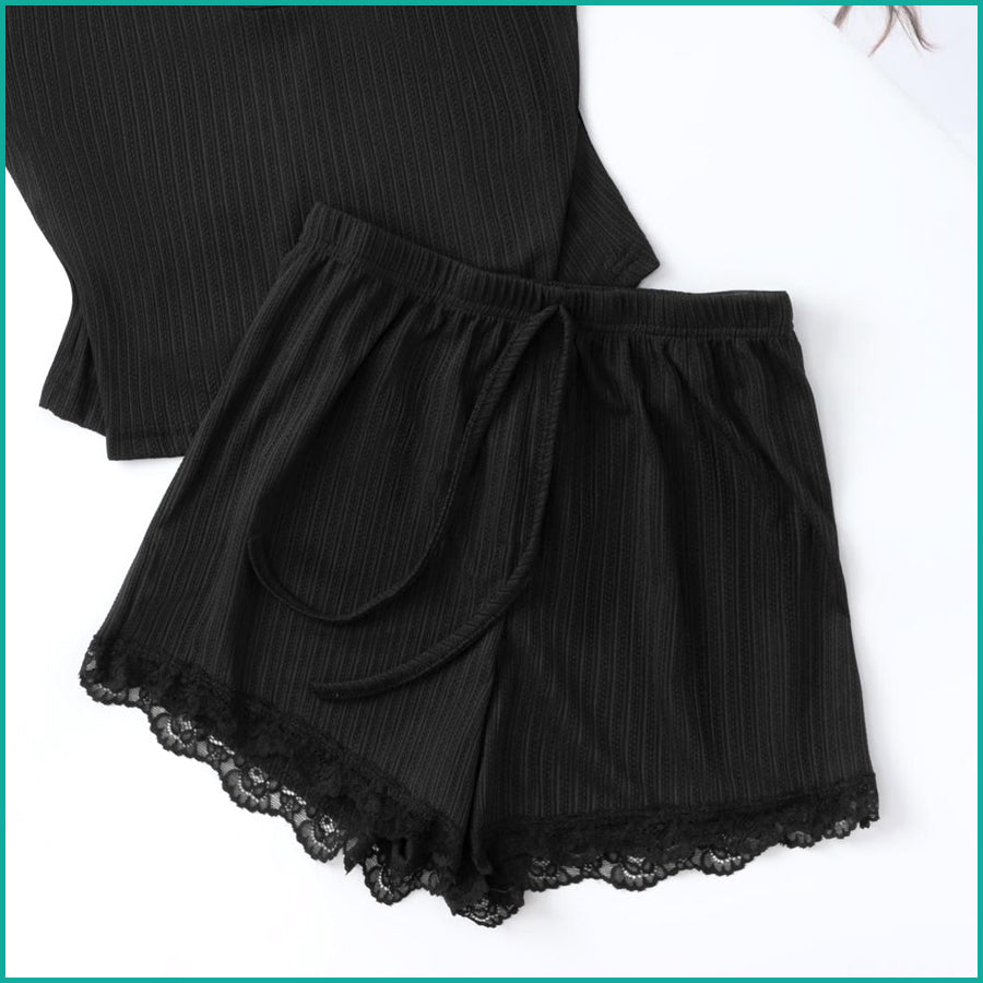 Plain 2 Buttons Ladies Shorts Set - Black