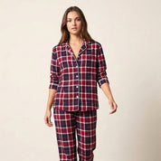 Checks Ladies Front Open Pajama Set - Red Blue