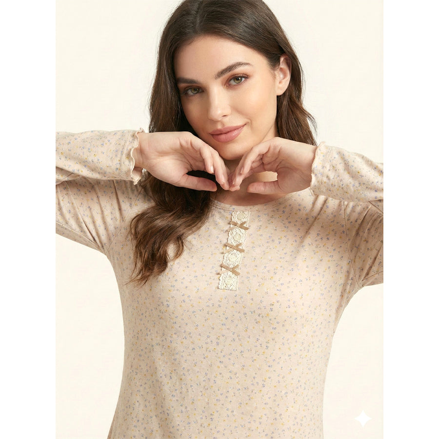 Mini Floral Ladies Winter Full Sleeves Loungewear Cotton with Lycra Material - Cream