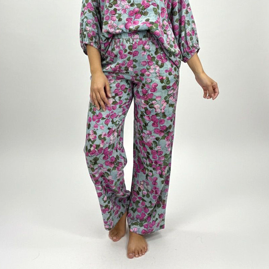 Floral Leaves Ladies Linen Pajama Loungewear - Sky Blue