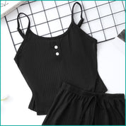 Plain 2 Buttons Ladies Shorts Set - Black