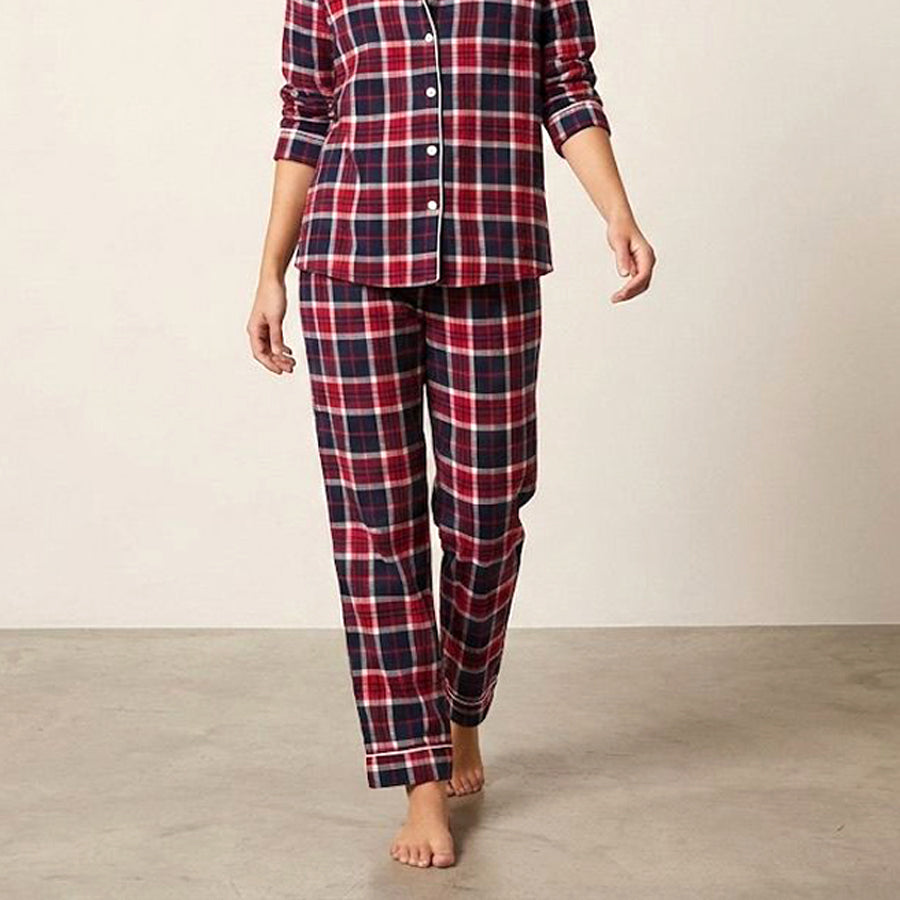 Checks Ladies Front Open Pajama Set - Red Blue