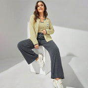 Puppy Strips Ladies 3 Pcs Pajama Set - Yellow Grey