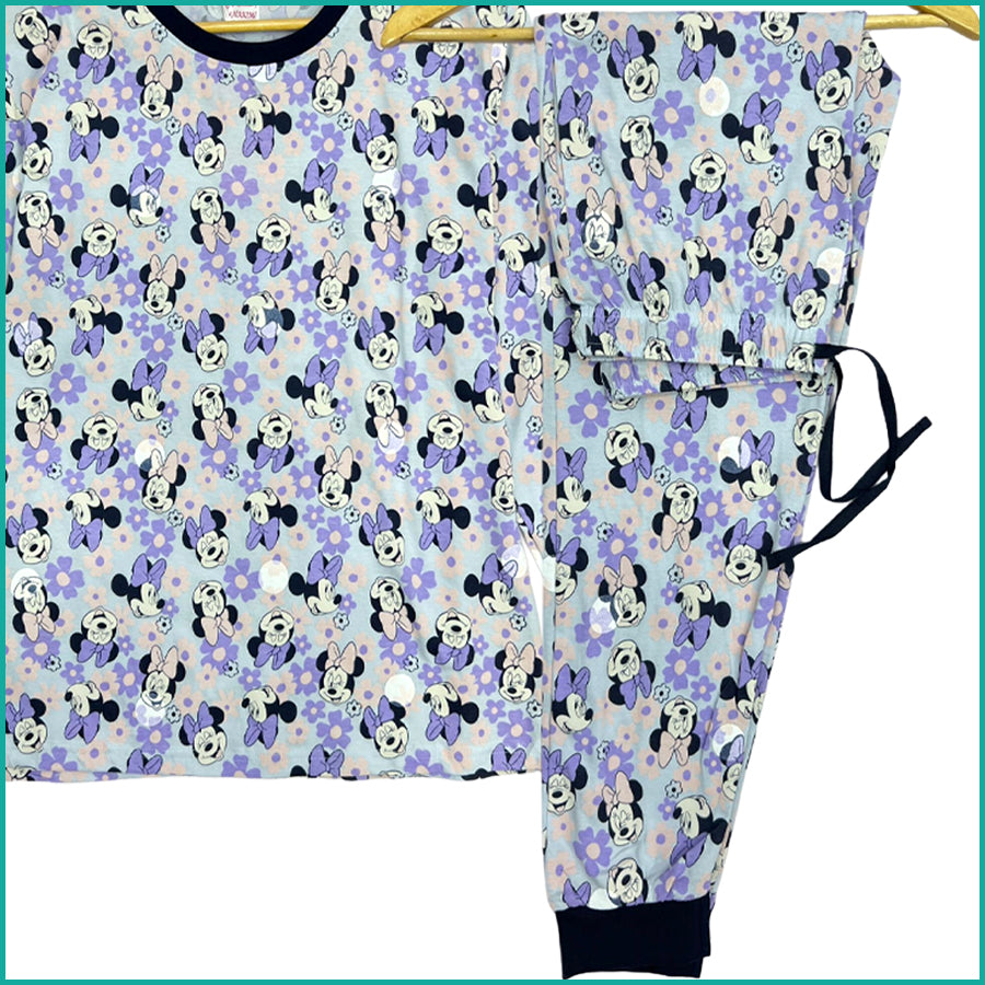 Minnie Mouse Ladies Full Sleeves Cotton Pajama Set - Light Blue Purple