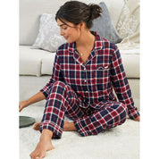 Checks Ladies Front Open Pajama Set - Red Blue