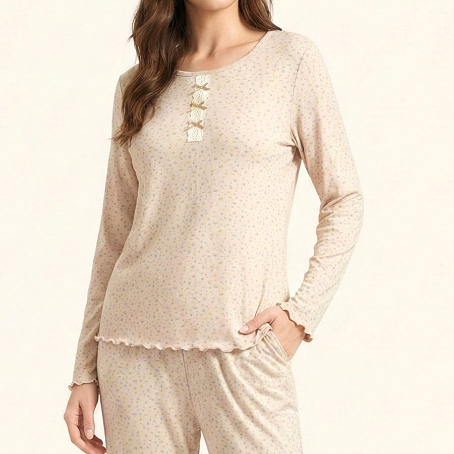 Mini Floral Ladies Winter Full Sleeves Loungewear Cotton with Lycra Material - Cream