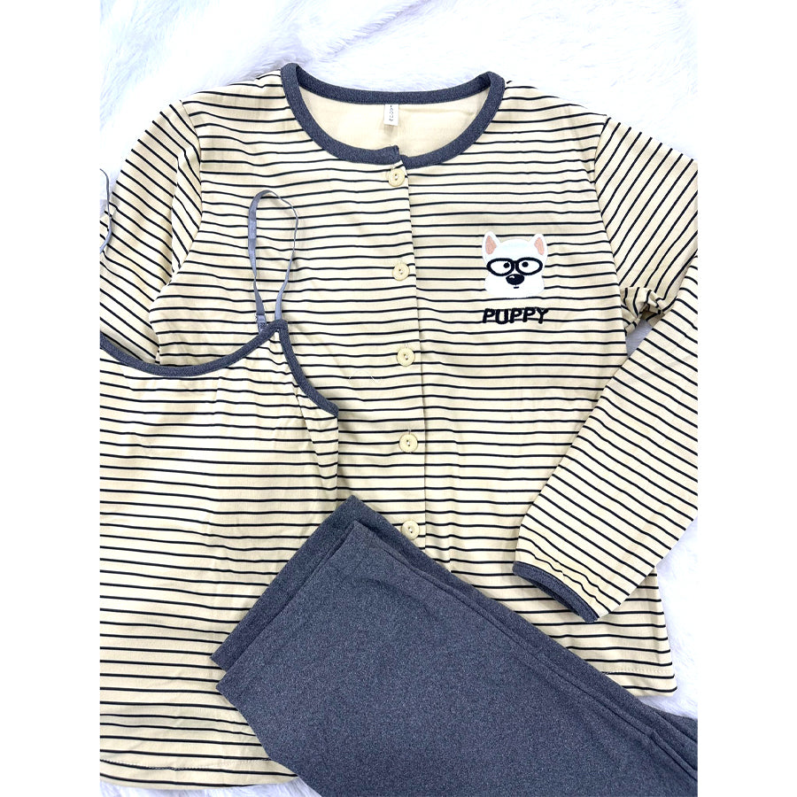 Puppy Strips Ladies 3 Pcs Pajama Set - Yellow Grey