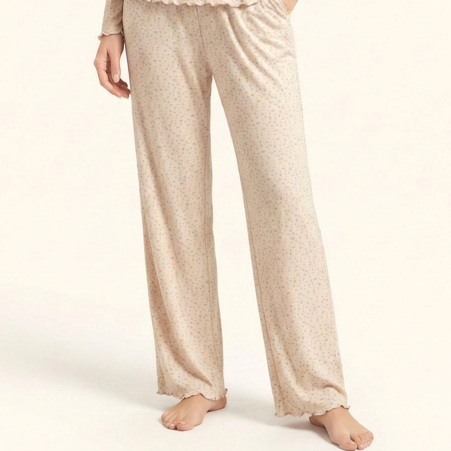 Mini Floral Ladies Winter Full Sleeves Loungewear Cotton with Lycra Material - Cream