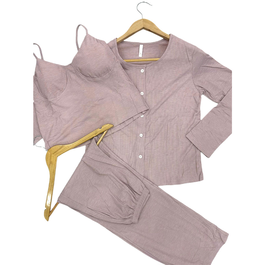 Plain Buttons Ladies 3 Pcs Loungewear Set - Pink