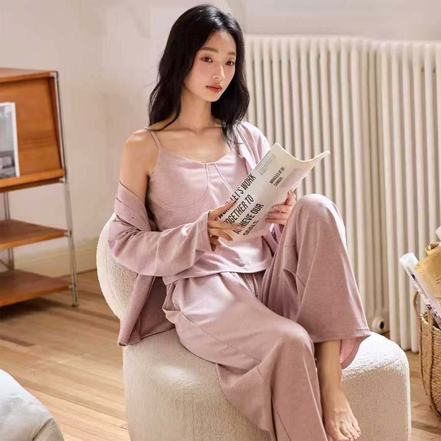Plain Buttons Ladies 3 Pcs Loungewear Set - Pink