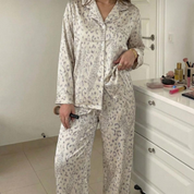 Tiger Print Ladies Front Open Pajama Set - Brown