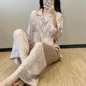 Tiger Print Ladies Front Open Pajama Set - Brown