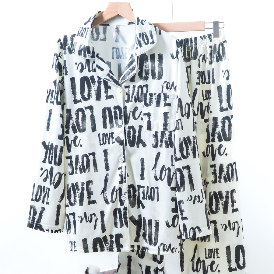 Love You Ladies Loungewear Front Open Pajama Set - White
