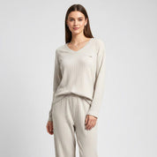 Line V-Neck Ladies Pajama Set - Cream