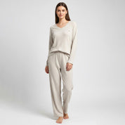 Line V-Neck Ladies Pajama Set - Cream