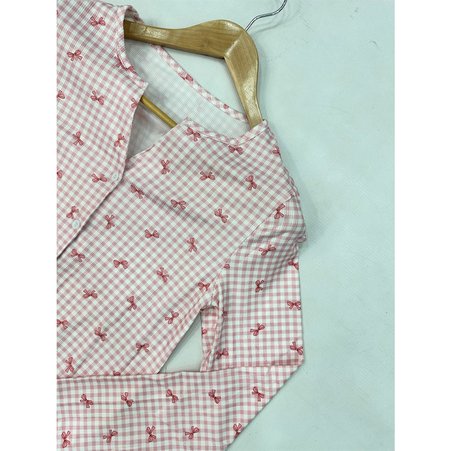 Checks Bow Ladies Pajama Set - Pink