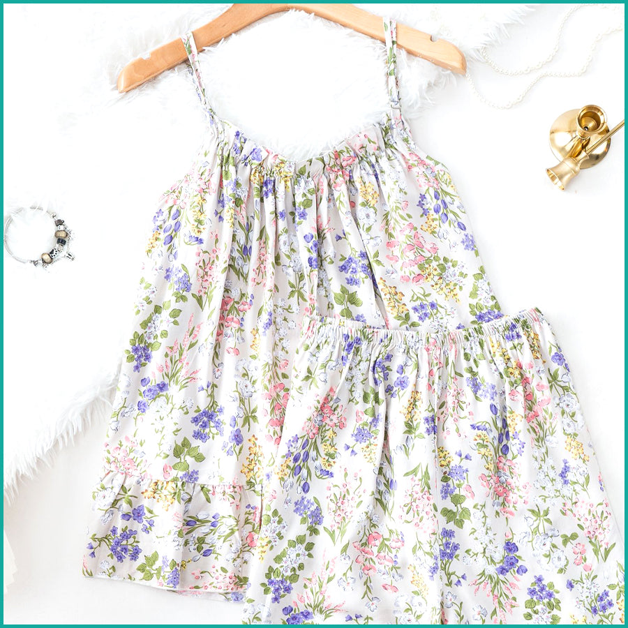 Mini Flower Ladies Shorts Set - White