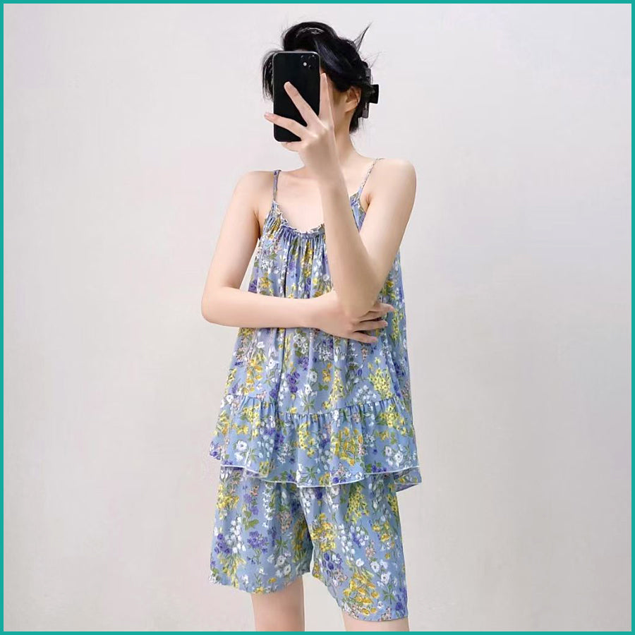Mini Flower Ladies Shorts Set - Sky Blue