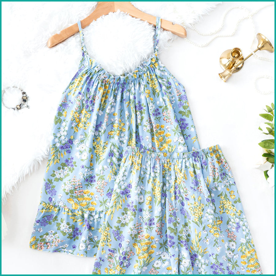 Mini Flower Ladies Shorts Set - Sky Blue