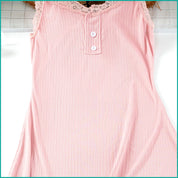 Ladies Soft Ribbed Knit Lilac Nightdress with Lace Trim and Button - Pink