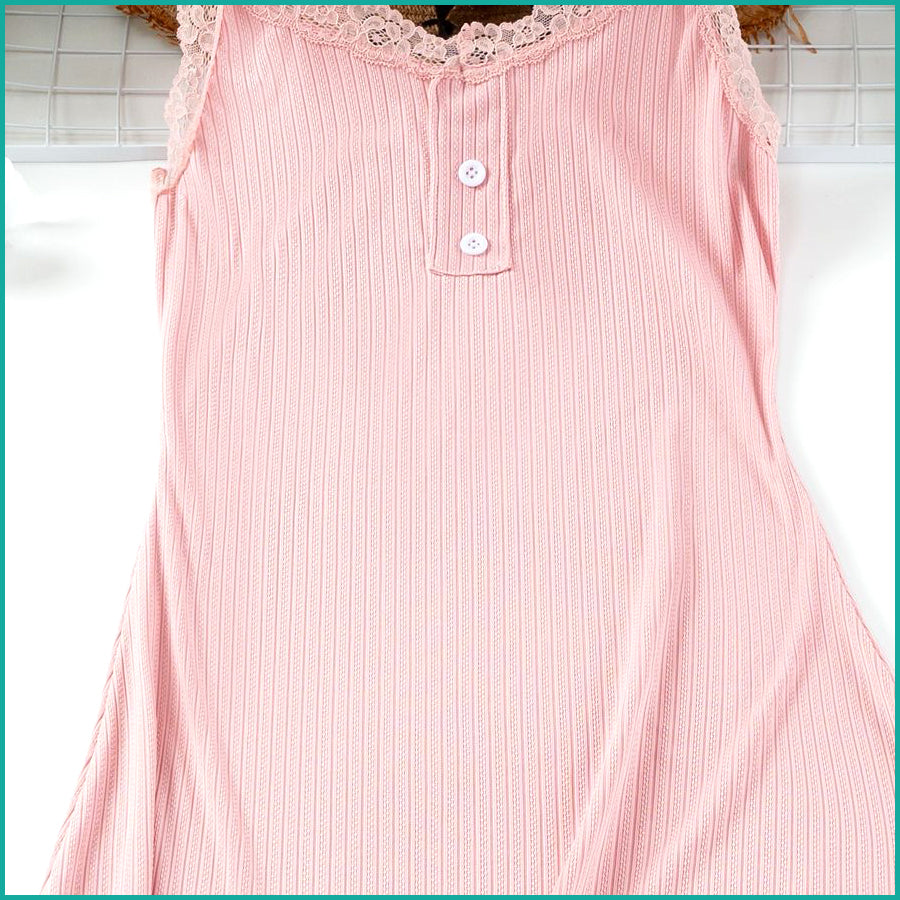 Ladies Soft Ribbed Knit Lilac Nightdress with Lace Trim and Button - Pink