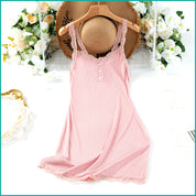 Ladies Soft Ribbed Knit Lilac Nightdress with Lace Trim and Button - Pink